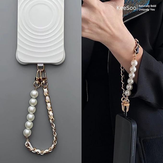 Original Korean Chic Pearl Gold Leather Phone Charm, Versatile with Premium Gold Metal Phone Tab (Lustrous Silver)