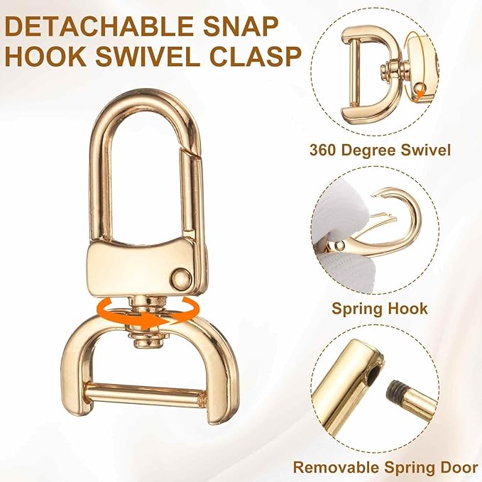 HARFINGTON 4pcs Detachable Snap Hook Swivel Clasp 5/8" (16mm) Zinc Alloy Lobster Claw Clasp with 4pcs D-Rings Screw in Shackle for Keychain Lanyard Purse DIY Purse Strap, Light Gold