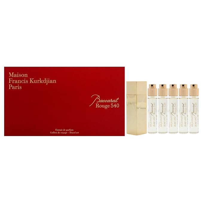 Baccarat Rouge 540 Travel Set by Maison Francis Kurkdjian for Unisex - 6 Pc Gift Set 5 x 0.37 Extrait De Parfum Spray (Refill), Case Gold
