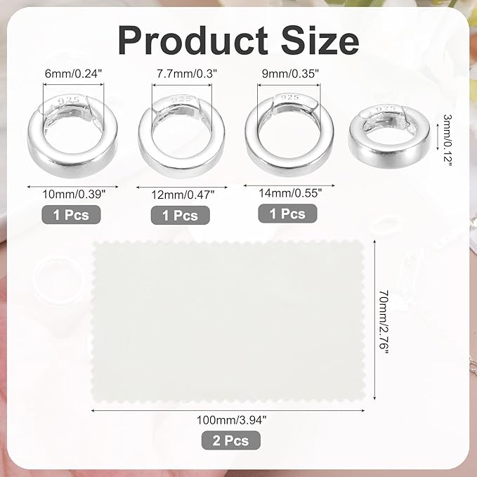 PATIKIL 10/12/14mm 925 Sterling Silver Spring Gate Rings, 3Pcs Plat Round Spring Clasps Necklace Enhancer Shortener Closures Connector for Jewelry Making Necklaces DIY, Silver Tone