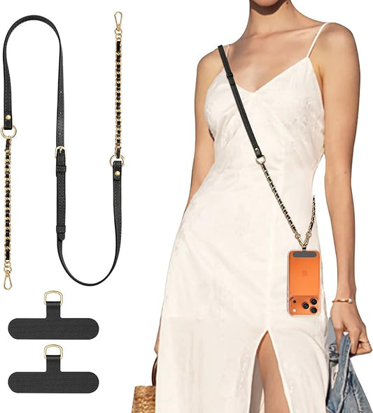 TiMOVO 2-in-1 Phone Lanyard Crossbody, Adjustable Phone Strap for Most Smartphones, PU Strap Combo with Metal Chain for Women