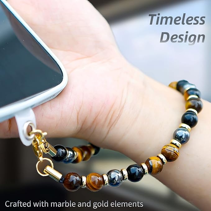 Marble Beaded Phone Wrist Strap,Detachable Phone Bracelet Strap with Tether Tab,Hands-Free Wristlet Strap (Yellow Tiger Eye)