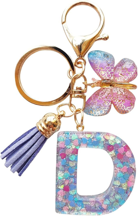 Cute Initial Letter Keychains for Women Girls Tassel Butterfly Pink Purple Green Keychain for Backpack School Bag