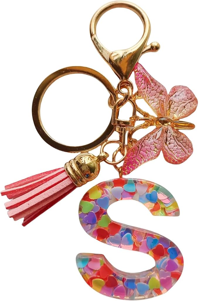 Cute Initial Letter Keychains for Women Girls Tassel Butterfly Pink Purple Green Keychain for Backpack School Bag