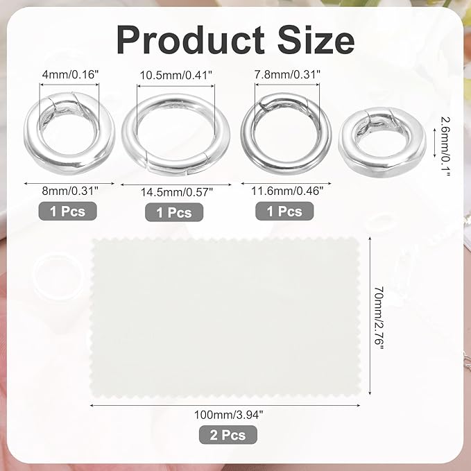 PATIKIL 8/11.6/14.5mm 925 Sterling Silver Spring Gate Rings, 3Pcs Round Spring Clasps Necklace Enhancer Shortener Closures Connector for Jewelry Making Necklaces DIY, Silver Tone