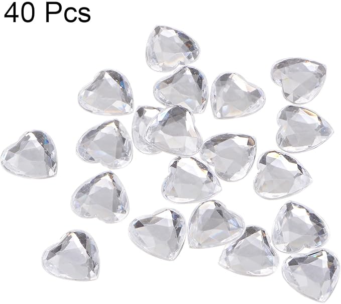 MECCANIXITY 40 Pcs Acrylic Heart Rhinestone 15mm Flat Back Plastic Gems Jewelry Stickers for Craft Bead Face Painting Costume Jewelry Making, Transparent White
