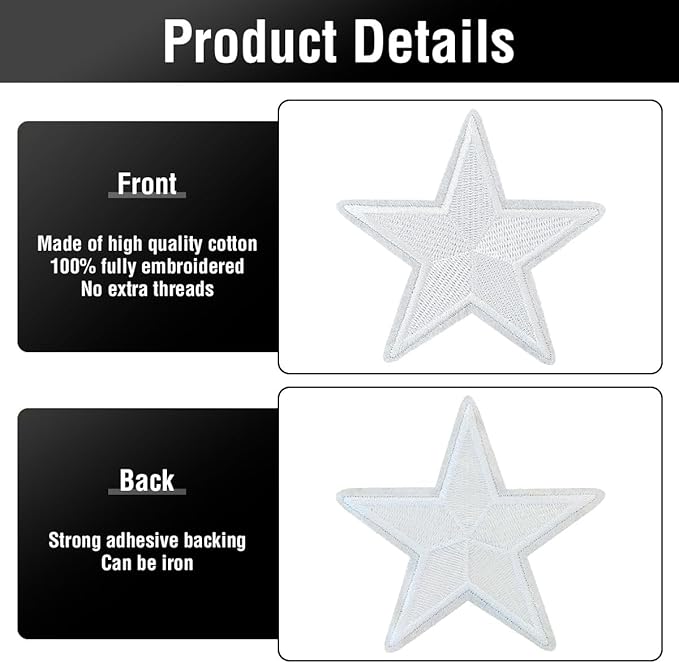 WILDREEDS 24 Pieces Star Iron on Patches, Star Embroidered Patch for Clothing, T-Shirt, Backpacks, Hats, Jeans, Jackets (White)