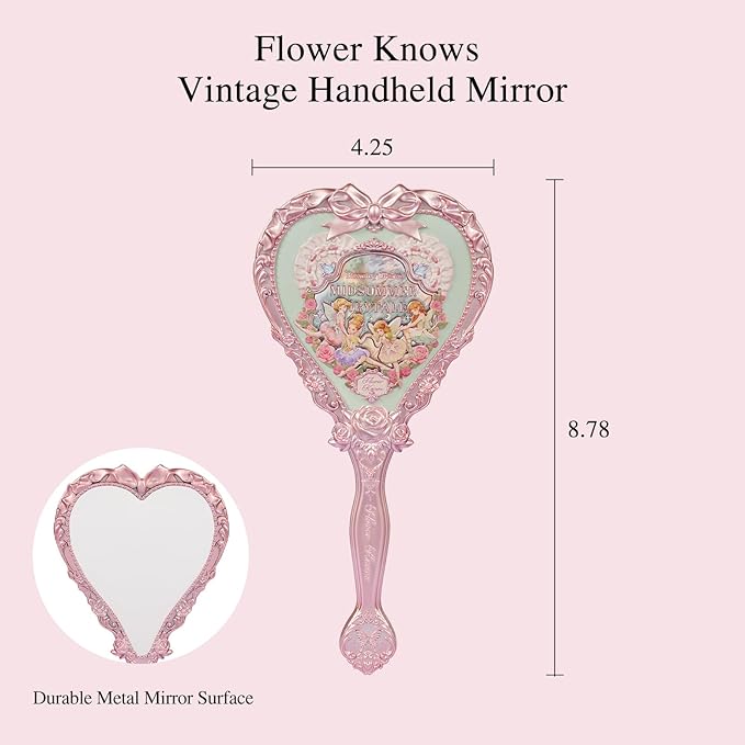 Flower Knows Midsummer Fairytales Hand Mirror,Vintage Heart Handheld Mirror,Fancy & Pretty Princess Handheld Mirror with Long Handle,Gift for Girls & Women(Tea Menthe)