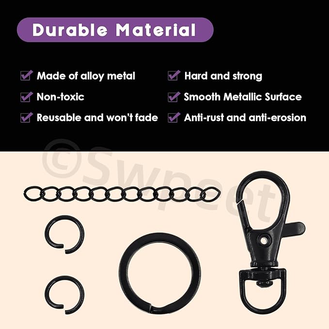 Swpeet 125Pcs Black Keychain Making Set, 25Pcs Swivel Lanyard Snap Hook, 25P Keychain Ring, 25P Extender Chains, 50P Open Jump Rings, Swivel Lobster Clasps, Keychains Clips