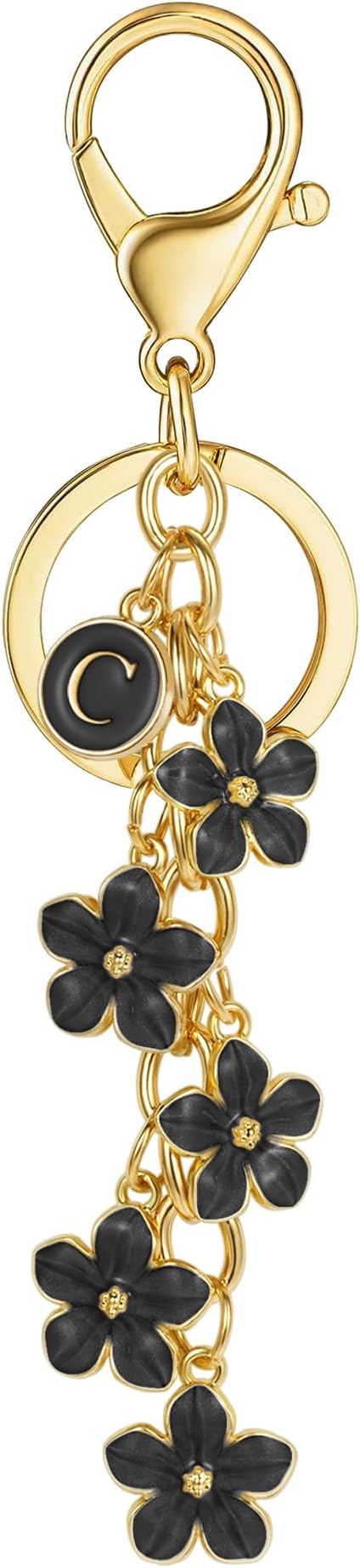 XGALBLA White Pink Black Cute Initial Letter Keychain for Women, Flower Bag Charms Enamel Keyring for Handbag Backpack