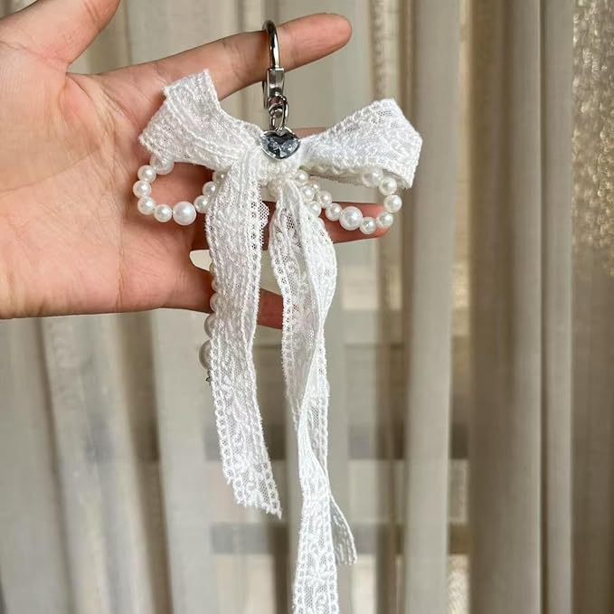 Pearl Bow Keychain Cute Y2k Lace Bowknot Keychain Coquette Aesthetic Accessories Bag Purse Handbag Backpack Charm