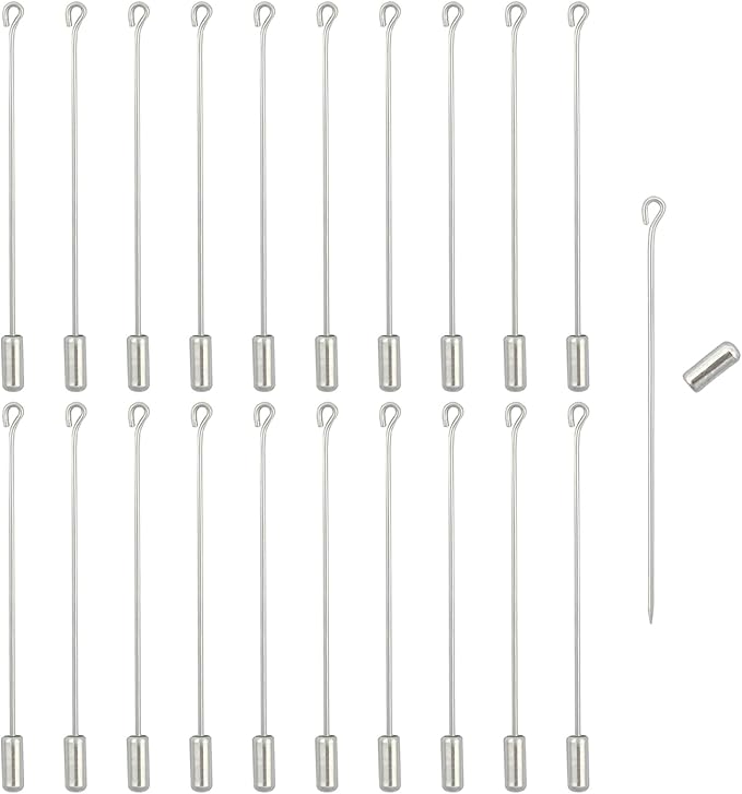 20Pcs Brooch Pin Stick for Jewelry Making, Silver Brooch Stick Pin 70 mm Long Lapel Brooch Metal Safety Pin Stick with Stopper Ends Hat Pin for Boutonniere Jewelry Making
