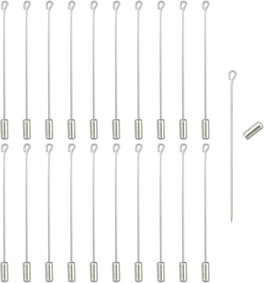 20Pcs Brooch Pin Stick for Jewelry Making, Silver Brooch Stick Pin 70 mm Long Lapel Brooch Metal Safety Pin Stick with Stopper Ends Hat Pin for Boutonniere Jewelry Making