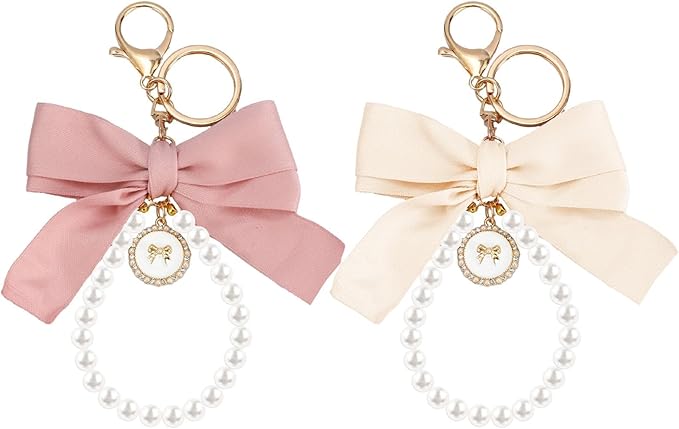 SMUOBT 2Pcs Cute Bow Keychain Wristlet for Women, Pearl Key Chains for Car Keys White Bowknot Keychain Accessories