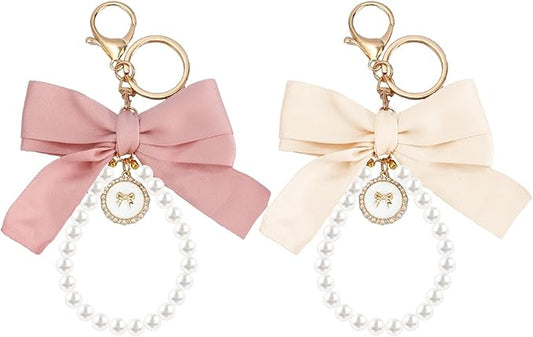 SMUOBT 2Pcs Cute Bow Keychain Wristlet for Women, Pearl Key Chains for Car Keys White Bowknot Keychain Accessories