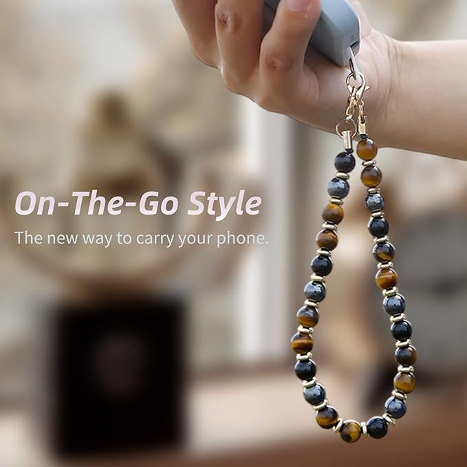 Marble Beaded Phone Wrist Strap,Detachable Phone Bracelet Strap with Tether Tab,Hands-Free Wristlet Strap (Yellow Tiger Eye)