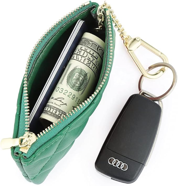 Premium Genuine Full Grain Leather Mini Coin Purse Keychain Pouch Card Holder for Men Women (Green Quilted)