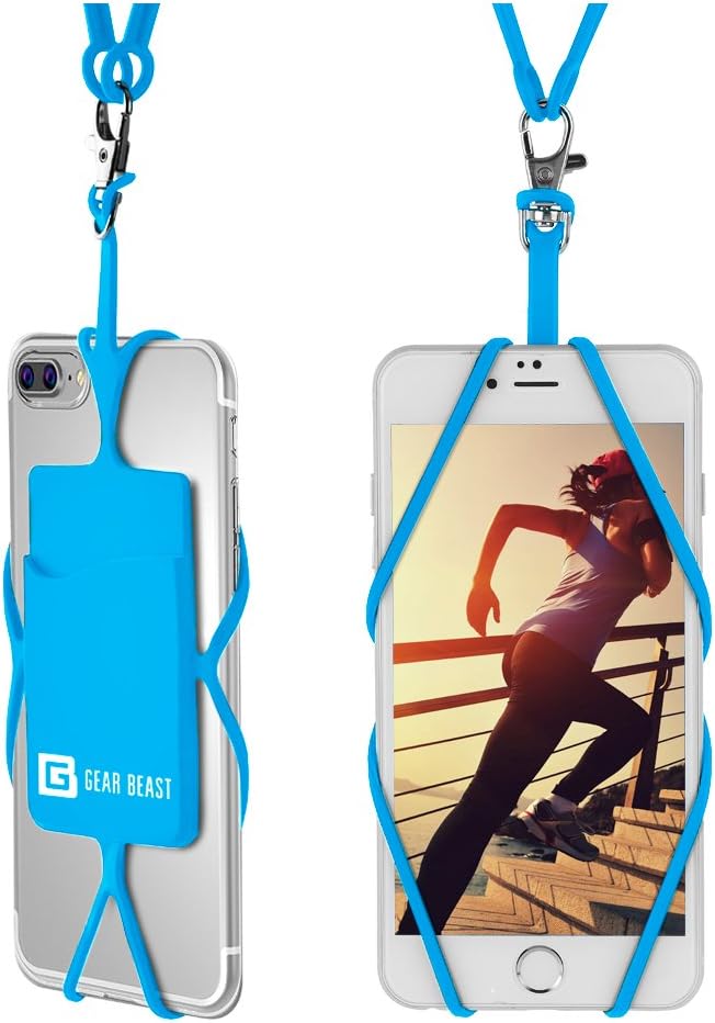 Gear Beast Cell Phone Lanyard - Universal Neck Phone Holder w/Card Pocket and Silicone Neck Strap - Compatible with Most Smartphones, Light Blue