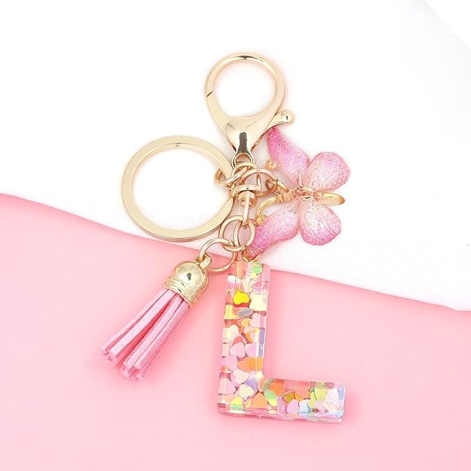 Fashion Alphabet Initial Letter Keychain Tassel Butterfly Pendant Key Ring for Purse Handbags Women Girl