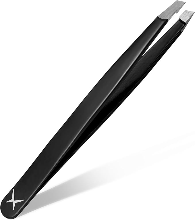 Professional Slant Tip Eyebrow Tweezers for Women & Men – Precision Hair Removal Tool – Stainless Steel Tweezers for Eyebrow Shaping, Facial Hair, Ingrown Hair & Splinter Removal (Lustrous Black)