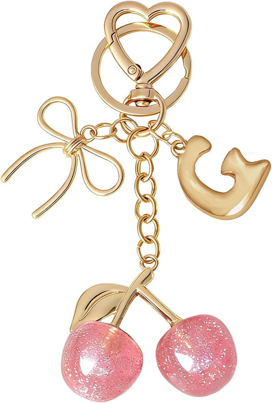 Snycler Bubble Initial Keychain with Cherry & Bow - Gold Letter Bag Charms for Women, Cute Purse Handbag Accessories