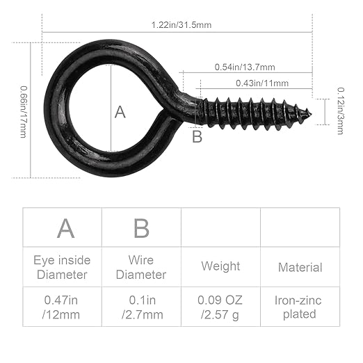 Aovchei Eye Screws, 120PCS 1.22 Inches Heavy Duty Metal Screw Hooks, Self Tapping Eye Bolts, Indoor & Outdoor for Hanging Artwork, Black