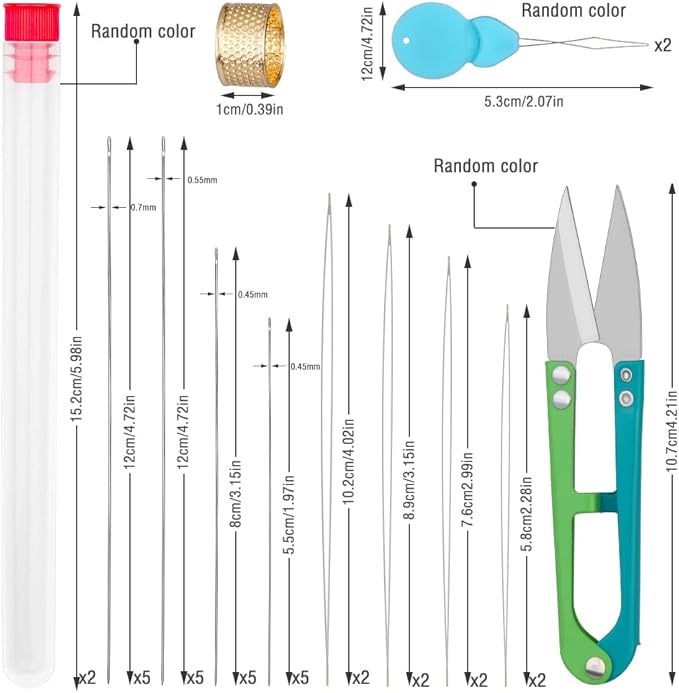 UOOU 28 Pcs Beading Needles Set Include 20 Pcs Long Straight Beading Thread Needles + 8 Pcs Big Eye Beading Needles, Embroidery Needles with Needle Bottle, Thimble, Needle Threaders for Jewelry Making
