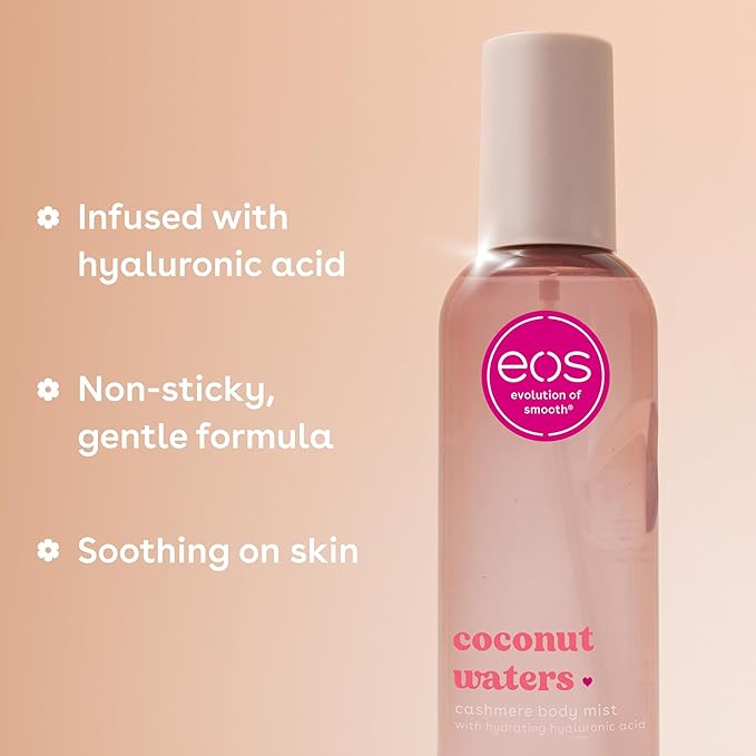 eos Cashmere Body Mist, Coconut Waters, Body Spray for Women, Hair Mist, Coconut Perfume, Moisturizing, Hyaluronic Acid, Glycerin, Vegan, Cruelty-free, 6 fl oz