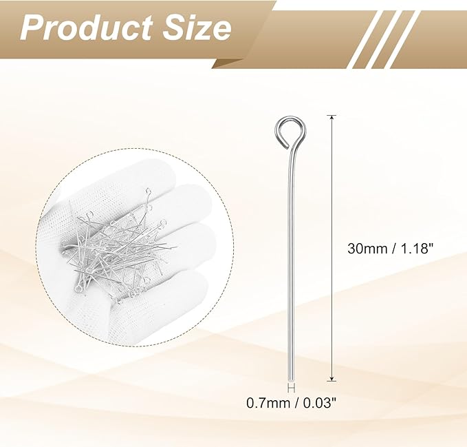HARFINGTON 100pcs Open Eye Head Pins 1.18" 30mm Mini Metal Wire Eye Pins Beading Small Needles Bulk for Earring Pendant Necklace Bracelet Charm Jewelry Making Findings DIY Craft, Silver Tone