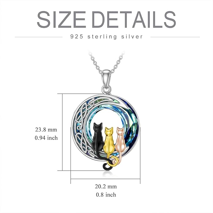TOUPOP Cat Gifts for Cat Lovers One Two Three Four Cats Necklace Sterling Silver Cats on the Moon Pendant Necklace with Blue Circle Crystal Birthday Christmas Celtic Jewelry Gifts for Women