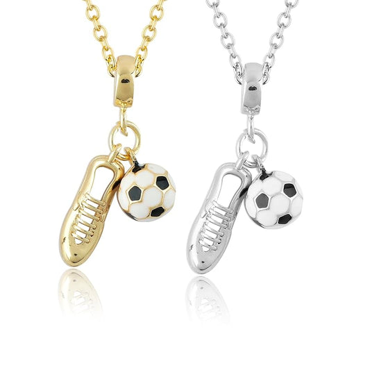 JOR Soccer Ball & Shoe Charm Pendant Necklace, Sport Lover Charm, Men & Women Unisex Jewelry, Dainty Gold & Silver Plated Chain 18 inch (Pack of 2)