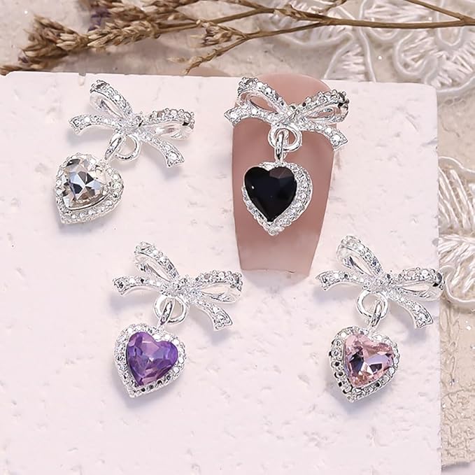 12Pcs Rhinestones Heart Pendant Bow Nail Charms Y2K Alloy Silver Buttefly Tassels Crystals Butterfly Charms for Nails Design Luxury Bows for Nails Charms 3D Butterflies Nail Charm Nail Art Supplies