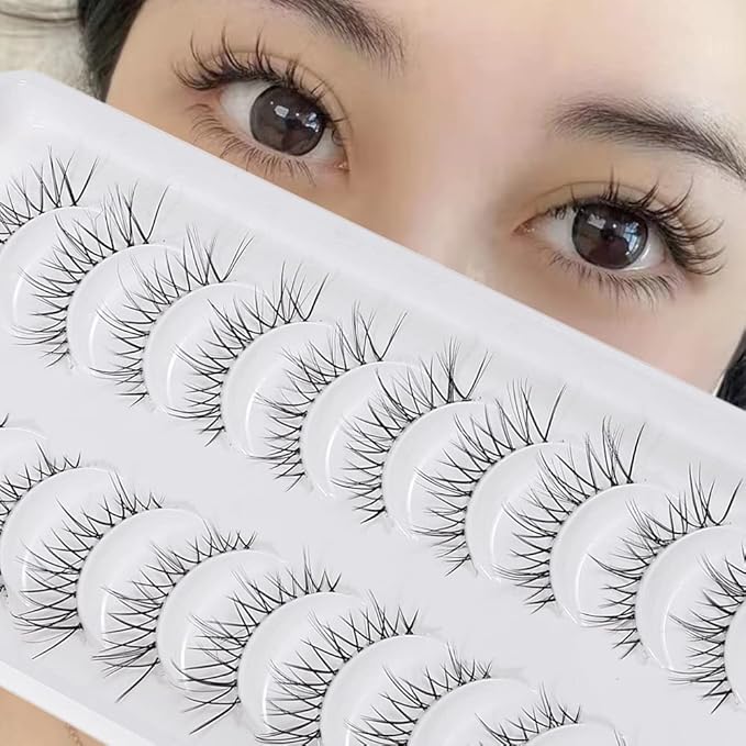 Manga Lashes Natural Look Japanese Anime Lashes Korean Asian Wispy Spiky Lashes with Clear Band Short Fake Eyelash 10 Pairs Pack by outopen