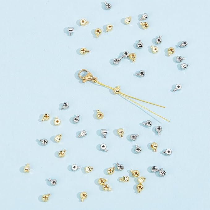 arricraft 56 Pcs Brass Crimp Beads, 2 Colors Column Beads Cord End Caps Rondelle Metal Crimp Beads Tube Crimp End Beads for DIY Crafts Necklace Bracelet Jewelry Making