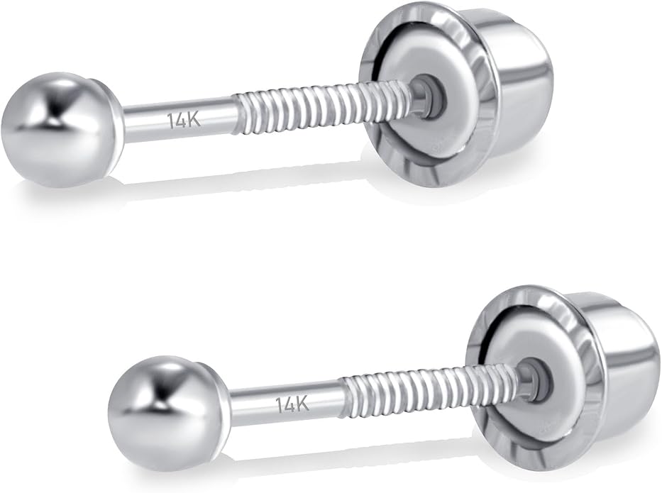 14k Real White Gold Ball Stud Earrings for Women & Men (2mm-8mm Diameter) - Real 14k Gold, Secure Screw Back Design