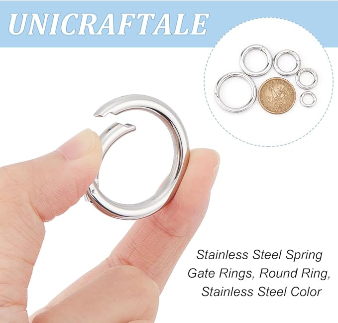 UNICRAFTALE 5Pcs 5 Sizes 316 Stainless Steel Spring Gate Rings Round Metal Springring Trigger Clasp Fasteners for Jewelry Making