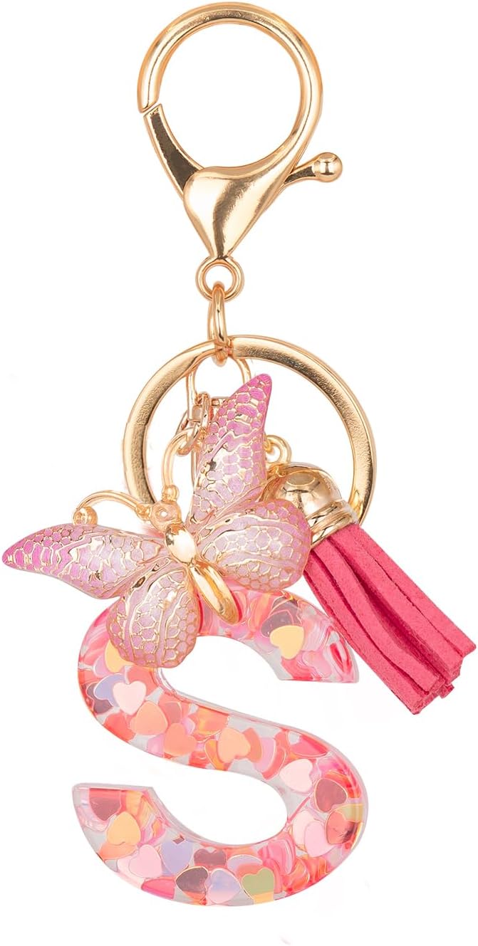 Initial Keychain Cute Pink Resin Letter and Butterfly Charms Keychains for Backpack Purses