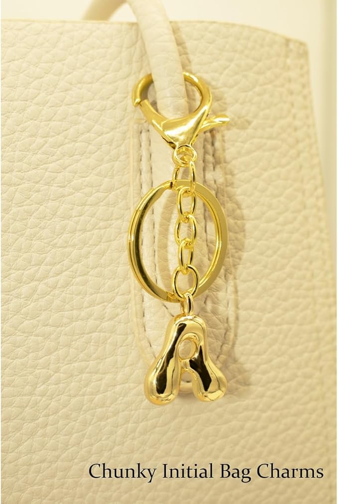 Bubble Letter Initial Keychain for Women Chunky 18 K Gold Plated Alphabet Handbag Bag Charms Purse Accessories Gift