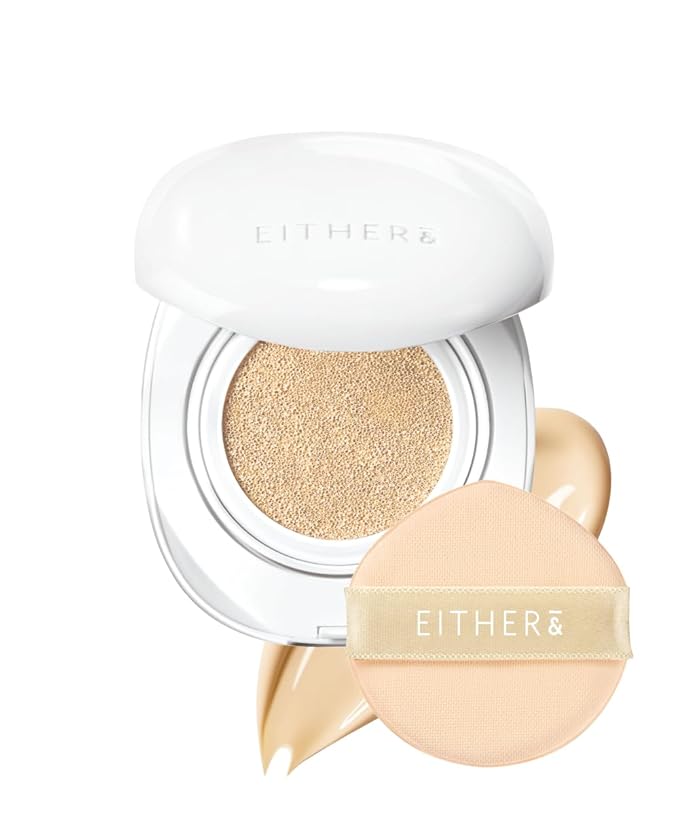 EITHER& Glow Pixel Cushion Foundation, Skincare Formula, Dewy Glass Skin, Lightweight & Long-Lasting 100H Wear, Buildable Hydrating Korean Cushion (21N Natural, 12g)