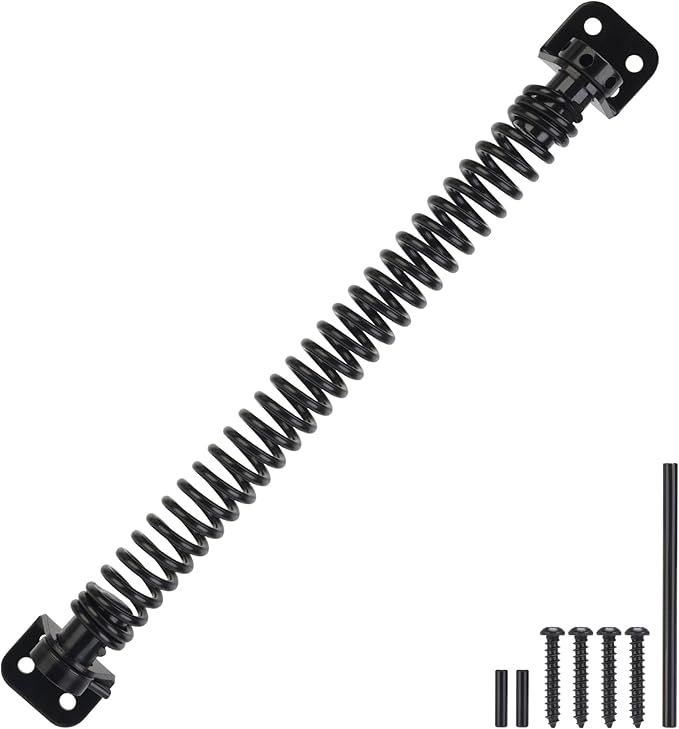 11-1/2" Gate Spring Self Closing, Heavy Duty Black Door Closer Spring, Adjustable Tensioner Automatic Outdoor Gate Closure, Gate Spring Hardware for Wooden and Vinyl Fence, 1 Pack