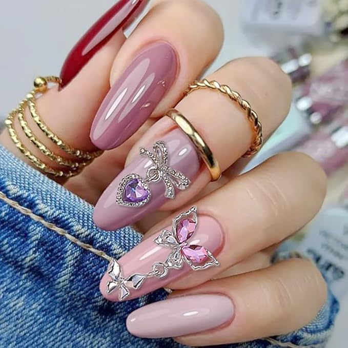 12Pcs Rhinestones Heart Pendant Bow Nail Charms Y2K Alloy Silver Buttefly Tassels Crystals Butterfly Charms for Nails Design Luxury Bows for Nails Charms 3D Butterflies Nail Charm Nail Art Supplies