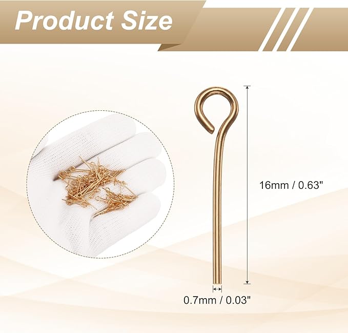 HARFINGTON 100pcs Open Eye Head Pins 0.63" 16mm Mini Metal Wire Eye Pins Beading Small Needles Bulk for Earring Pendant Necklace Bracelet Charm Jewelry Making Findings, Champagne Gold