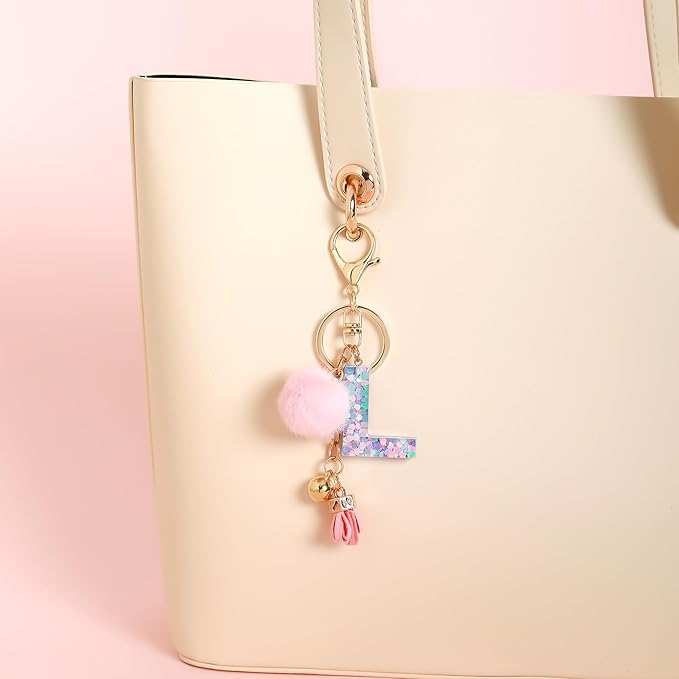 Resin Alphabet Initial Letter Keychain Keyring for Women Purse Handbags With Fur Ball Pom