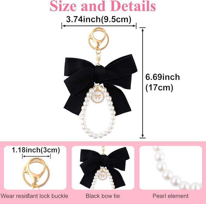 Joez Wonderful Pearl Bow Keychain, Cute Pink Bowknot & Pearl Keyring Charms, Aesthetic Keychain