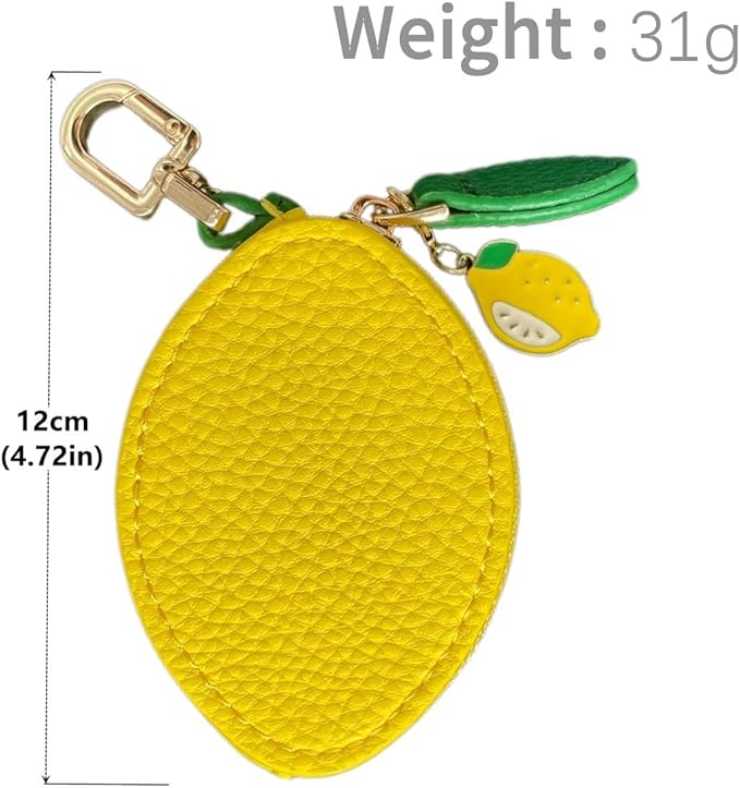 Cute Lemon Fruit Coin Purse Keychain – Mini PU Leather Zipper Pouch Bag Charm with Leaf Accent & Pendant, Kawaii Y2K Purse Charm for Backpack, Handbag & AirTag Holder for Women & Girls