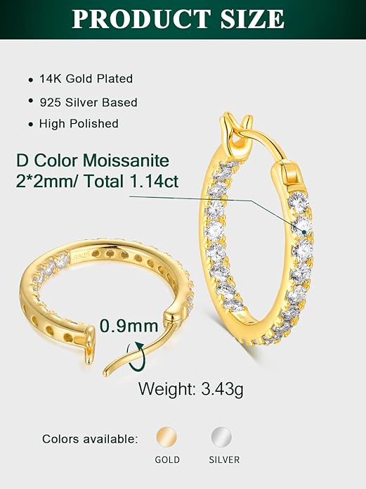 Wyyxl Womens Diamond Hoop Earrings, 20/25/30mm Small Hoop Sterling Silver Based Hypoallergenic Huggie Stud, Sparkle Moissanite 5a Cubic Zirconia Earings Jewelry for Woman Daily Party Wear