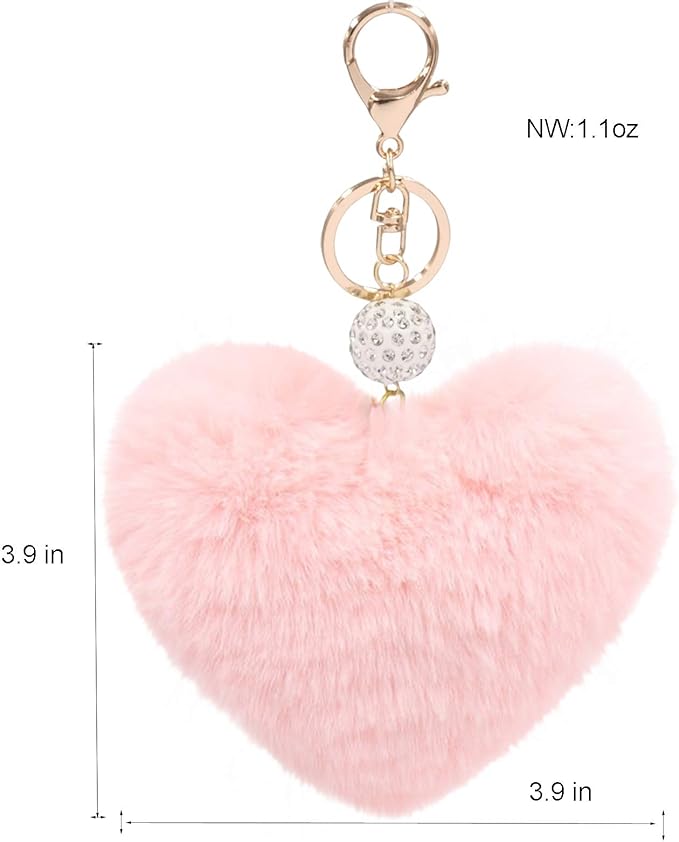 Women's Heart Faux Fur Pom Pom Key Chains Bag Accessory Puffball Keyring Backpack Charms for Girls