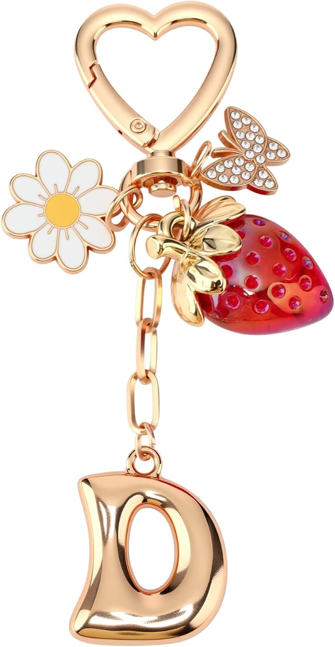 Strawberry Initial Keychain for Women-Cute Kawaii Gold Alphabet Bag Charms, Key chain Gift for Purse Handbag