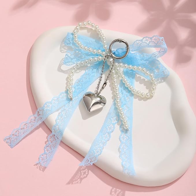 Pearl Bow Keychain Cute Y2k Lace Bowknot Keychain Coquette Aesthetic Accessories Bag Purse Handbag Backpack Charm