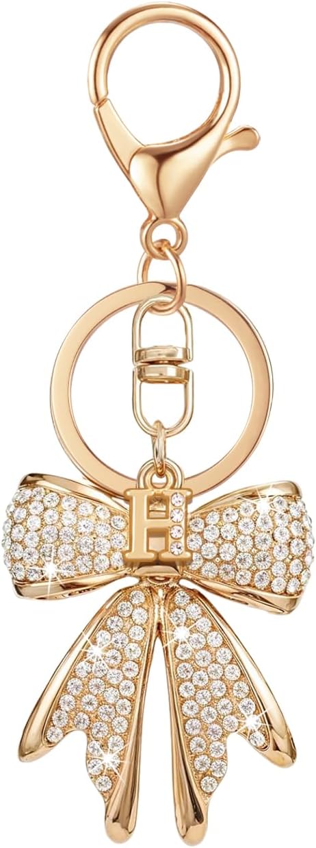 XGALBLA Sparkly Cute Initial Letter Rhinestone Bow Keychain for Women Gold Tone Bag Charms Coquette Aesthetic Purse Charms